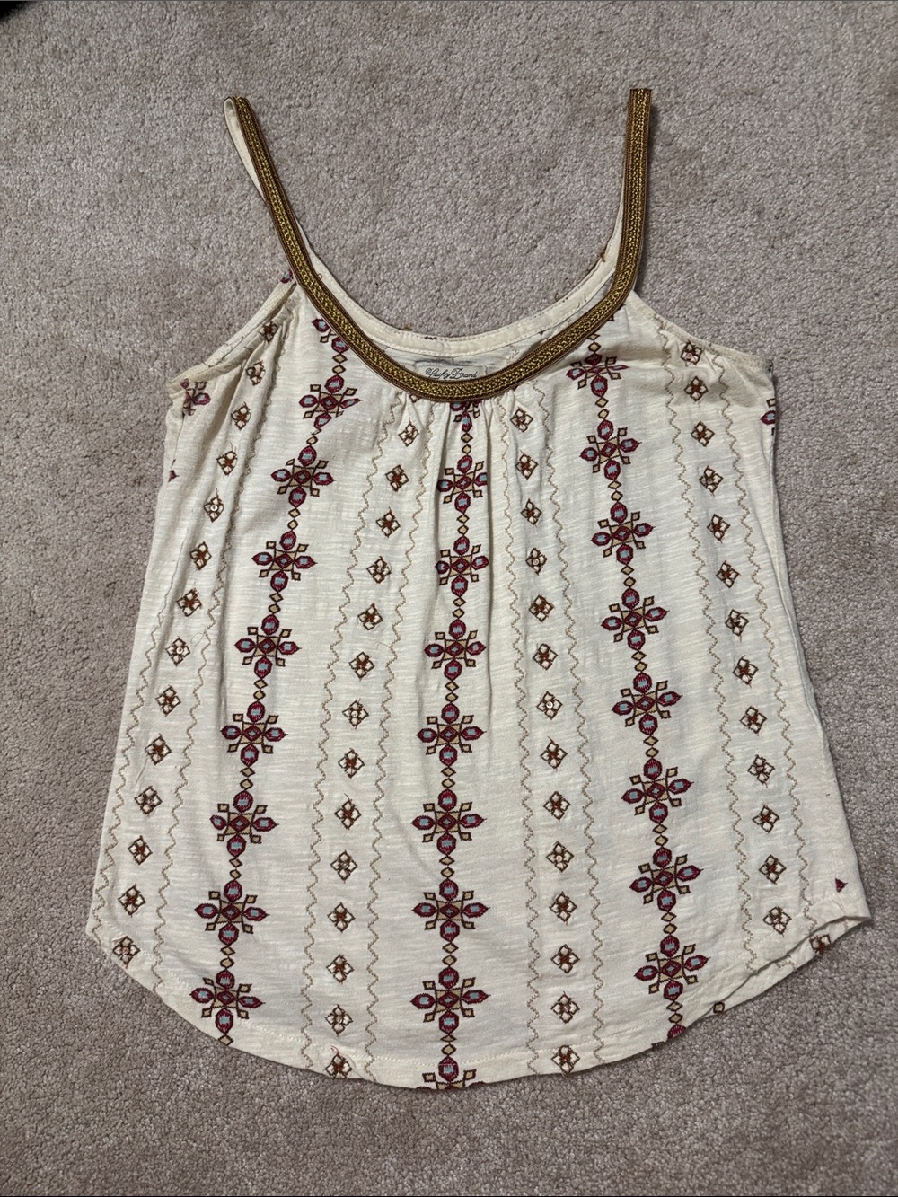 Lucky Brand Embroidered Cream Tank Top with Gold Trim